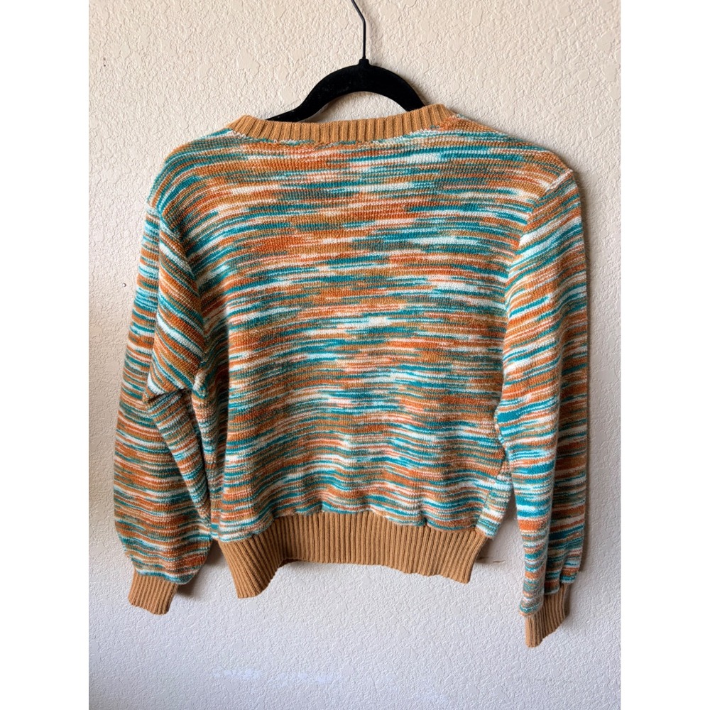 Vintage Fashion Womens Space Dye Knit XS Sweater Tan‎ Teal Crew Neck Ribbed Trim - Picture 6 of 11